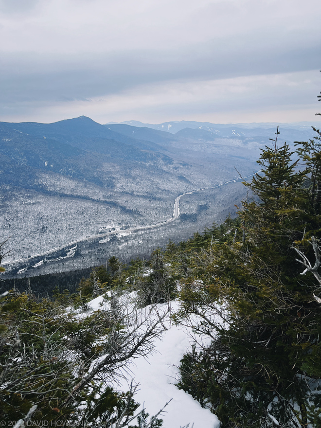 The view south down Franconia Notch from the Rim Trail on Cannon Mountain