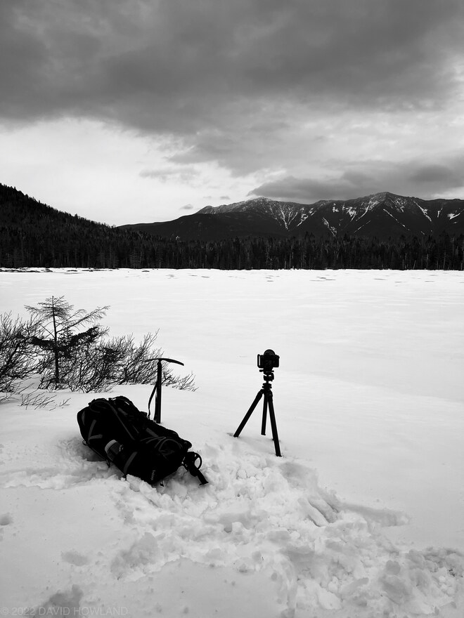 My camera equipment setup on the shore of Lonesome Lake waiting for sunset